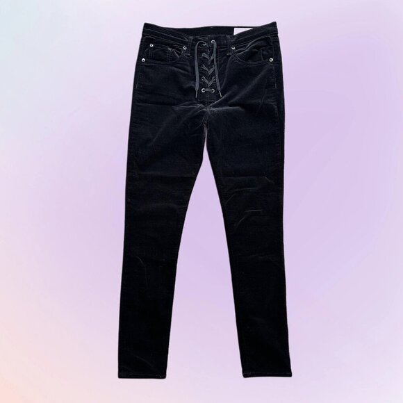 rag & bone Lace Up Front Black Velvet Skinny Pants Women's 30 - Boho / Goth - Picture 1 of 7